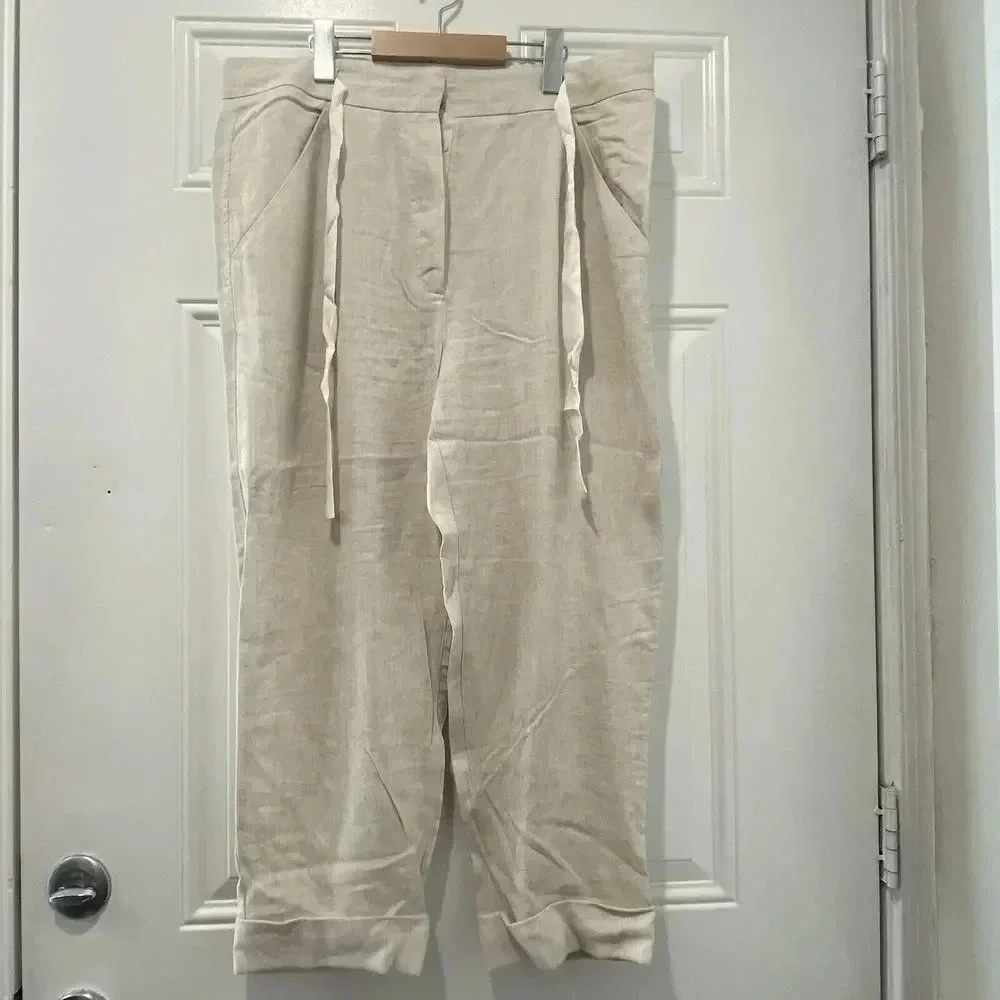 Aritzia Wilfred Allant Ecru Women's Ankle Cuff Pant 12  Buttonfly‎ linen lyocell